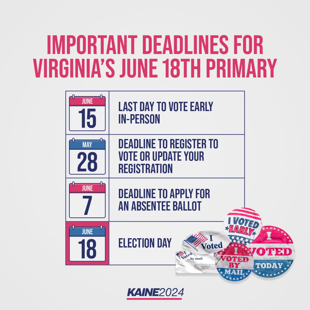 Virginia, the June 18th primary is quickly approaching. Make sure you have a plan to vote. Here are some important deadlines to add to your calendar. Need more help? Go to IWillVote.com/VA