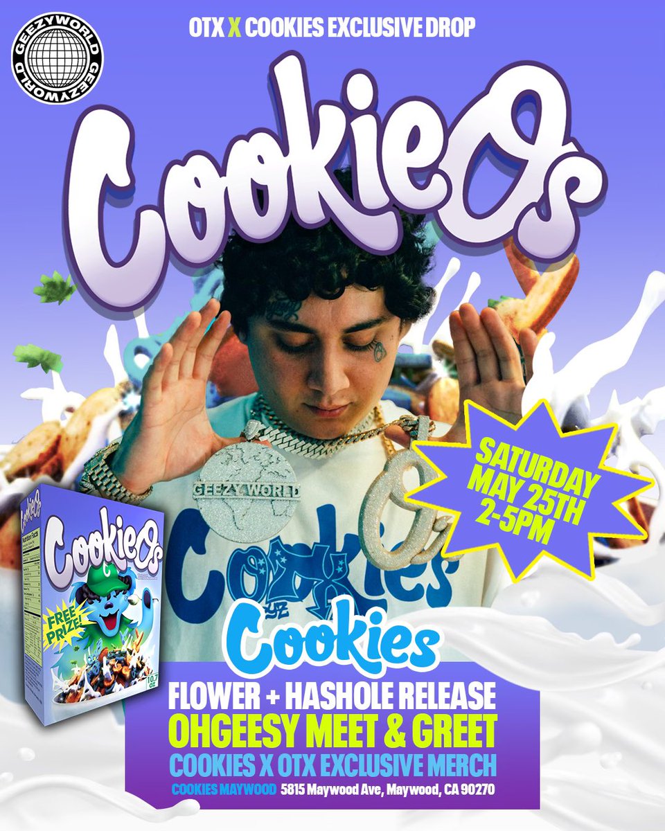 Cookies x OTX Exclusive Strain Drop and Meet & Greet with OHGEESY and Berner! 5/25 2PM-5PM Don’t Miss Out! Limited Batch 🔥 Only at #CookiesMaywood #Cookies #OTX #OHGEESY #Berner