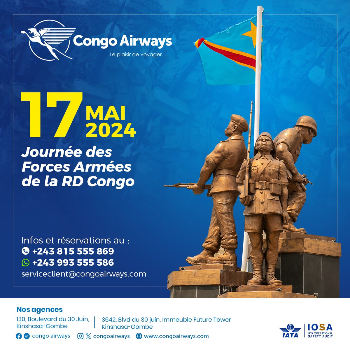En cette journée dédiée aux Forces Armées Congolaises, Congo Airways exprime sa reconnaissance envers nos vaillants soldats.

Congo Airways, le plaisir de voyager!
#17mai2024 #LePlaisirDeVoyager #aviation #Kinshasa_RDC #FORCESARMEES #hommage