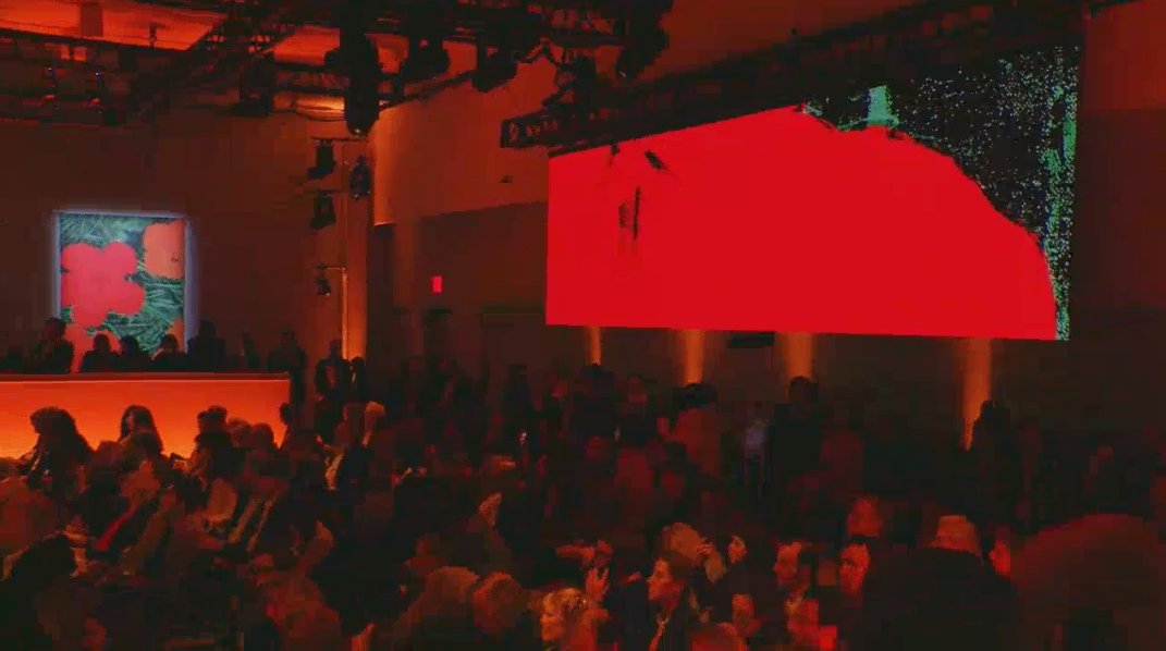 KellyCrowWSJ's tweet photo. 🏮Christie's lowered the lights again! Went Day-Glo dim for a few moments to hype up Warhol's "Flowers," which drew 3 bidders over $20m--repped by Alex Rotter, Giovanna Bertazzoni and Conor Jordan--w/ the latter winning it for $30.5m hammer over its $30m high est @ChristiesInc https://t.co/c9g5dxHQ3o