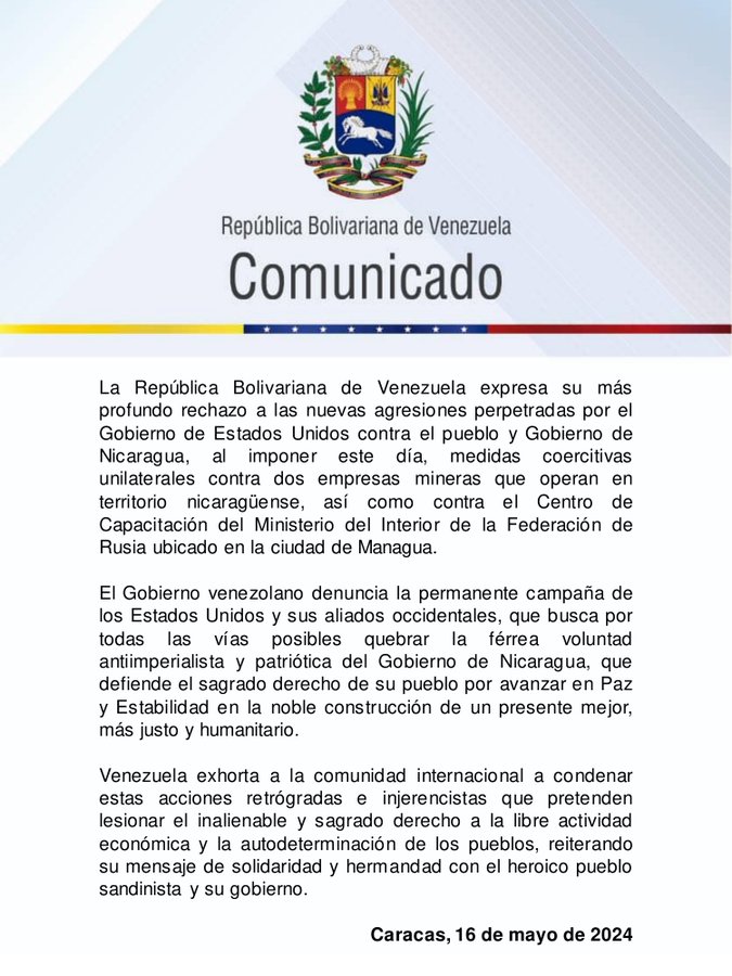 #16May @yvangil El Gobierno de Venezuela, expresó mediante comunicado, su rechazo a las medidas coercitivas unilaterales por parte de Estados Unidos contra Nicaragua laradiodelsur.com.ve/?p=156778 #EsteEsUnPuebloMaduro