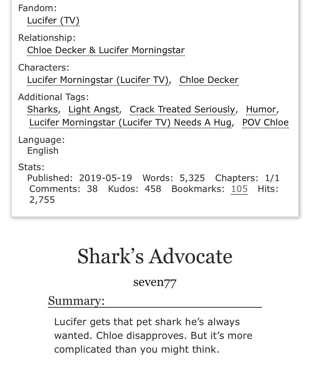 #ficrecfriday Lucifer and his pet shark..or is it? Inside this delightful, funny and heartfelt one shot, there is a deeper message. Beautifully written by seven77. Shark’s Advocate archiveofourown.org/works/18886849