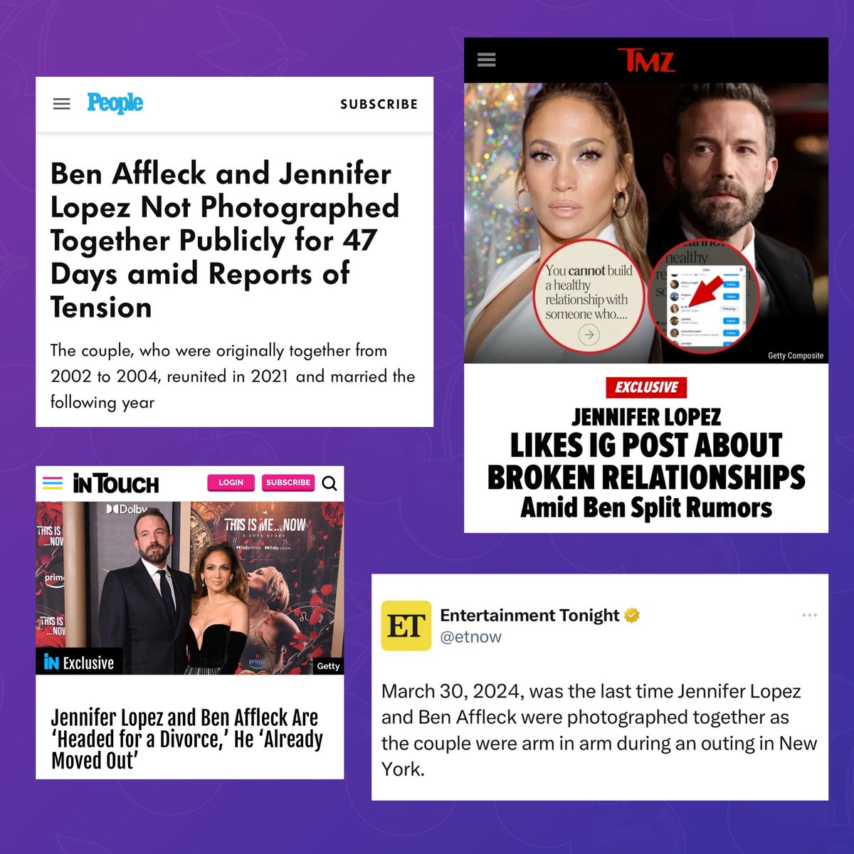 Jennifer Lopez and Ben Affleck trend amid divorce rumors from news outlets and internet speculation about them not being photographed together in 47 days.