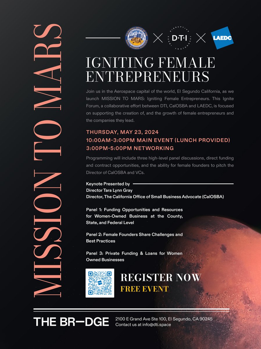 👀 Free Event! Mission to Mars: Igniting Female Entrepreneurs Join us for an out-of-this-world event focused on empowering female entrepreneurs! Thursday, May 23 · 10am – 3pm 2100 E Grand Ave ste 100 El Segundo, CA 90245 Register Here: laedc.org/mission-to-mar…