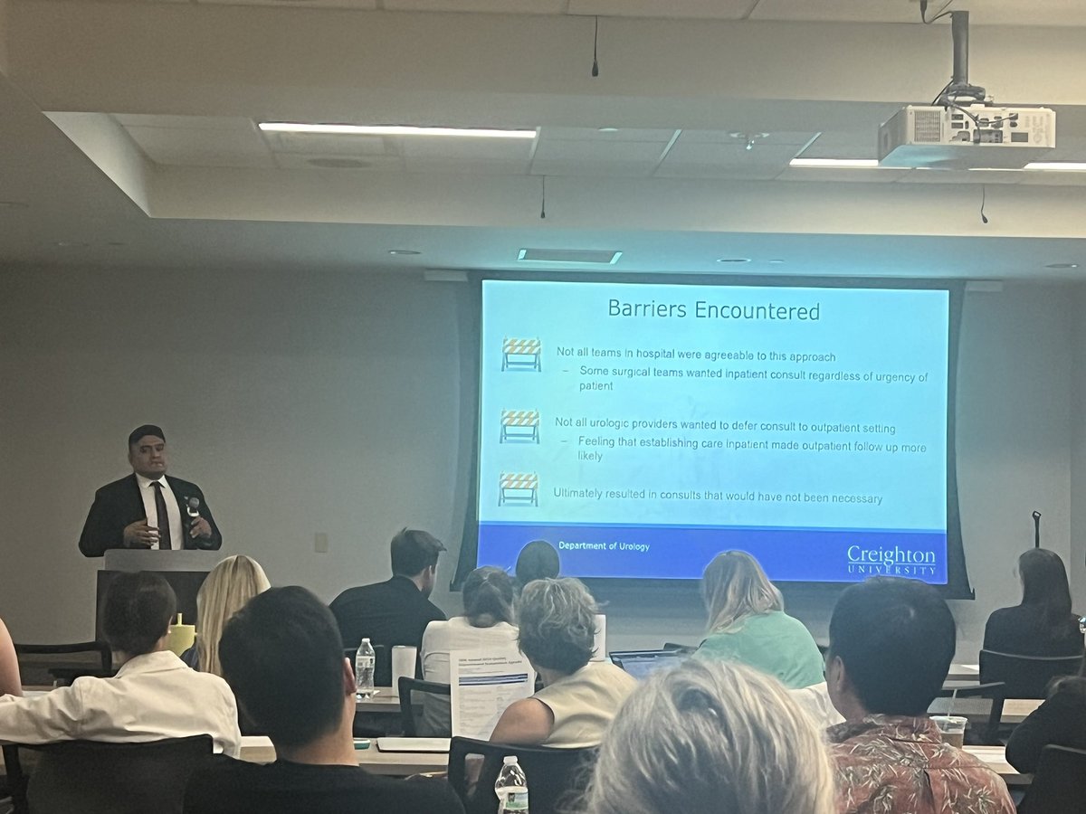 Dr. Arnold Palacios presented a Urology & Internal Medicine collaboration project on improving efficiency of urinary retention consultation at the Creighton QI Symposium @LHubbleMD @PalaciosArnold7 @FeloneyMichael