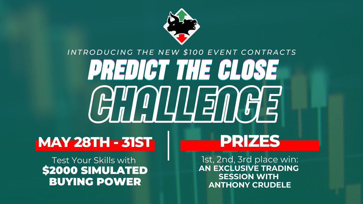 You know the drill. 🏆 This month's Predict the Close Challenge kicks off on the 28th. Ease into the markets after Memorial Day and put your skills to the test for a chance to win an exclusive trading + mentorship session with @AnthonyCrudele. Register: placeyourtrades.com/05-28-2024-pre…