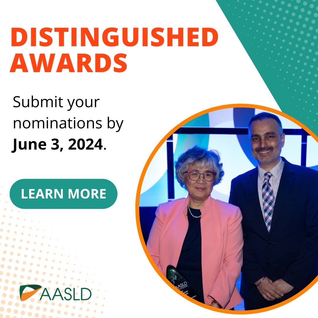 Nominations for AASLD’s highest honors, the Distinguished Awards, are being accepted! Nominations for a deserving colleague, mentor, researcher, advocate, or even yourself are encouraged. Submit your nomination today by visiting aasld.org/distinguished-….