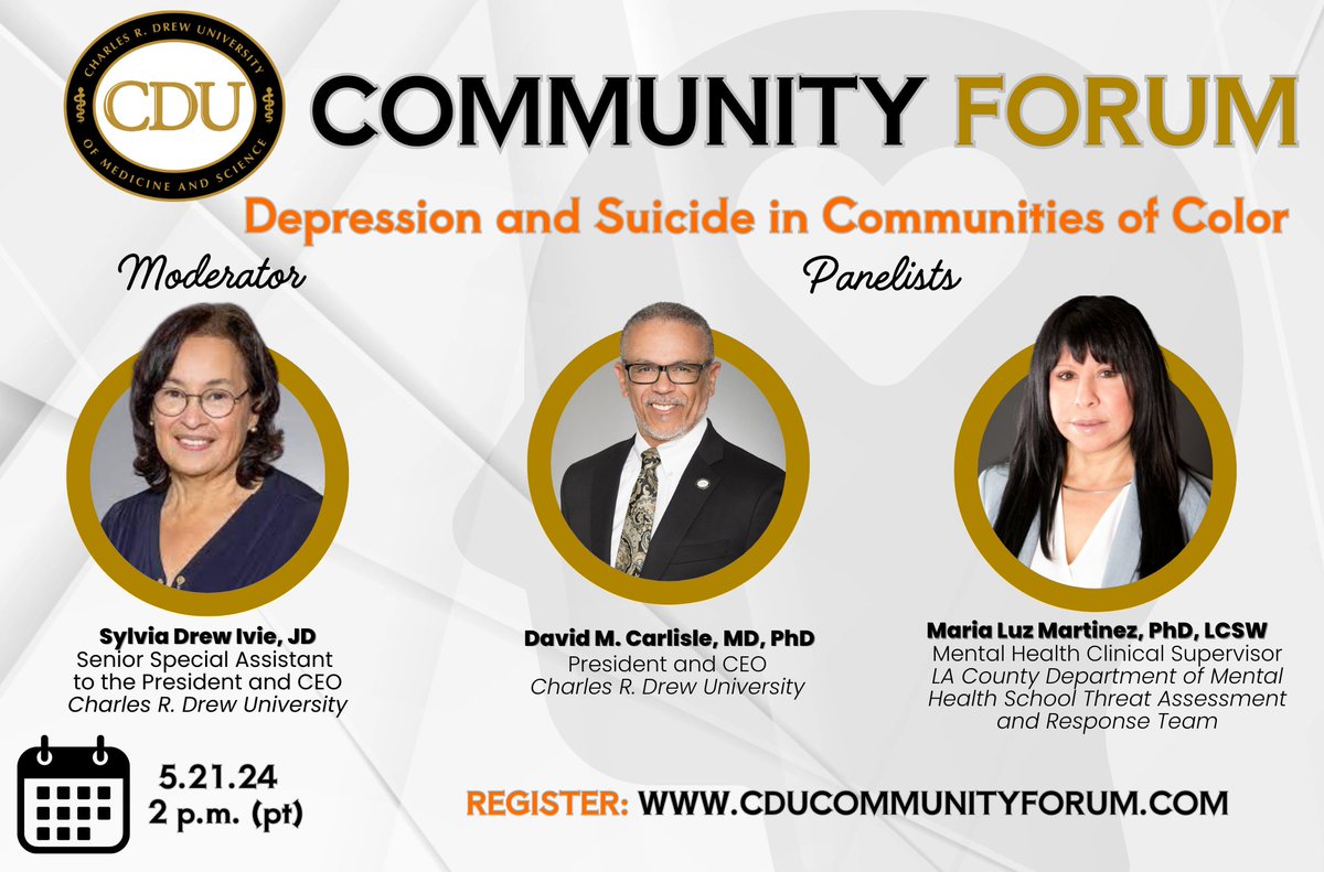 In recognition of #MentalHealthAwarenessMonth, the CDU Community Forum next Tuesday 5/21 will cover 'Depression and Suicide in Communities of Color.'

Register for free!: cdrewu.edu/community/comm…