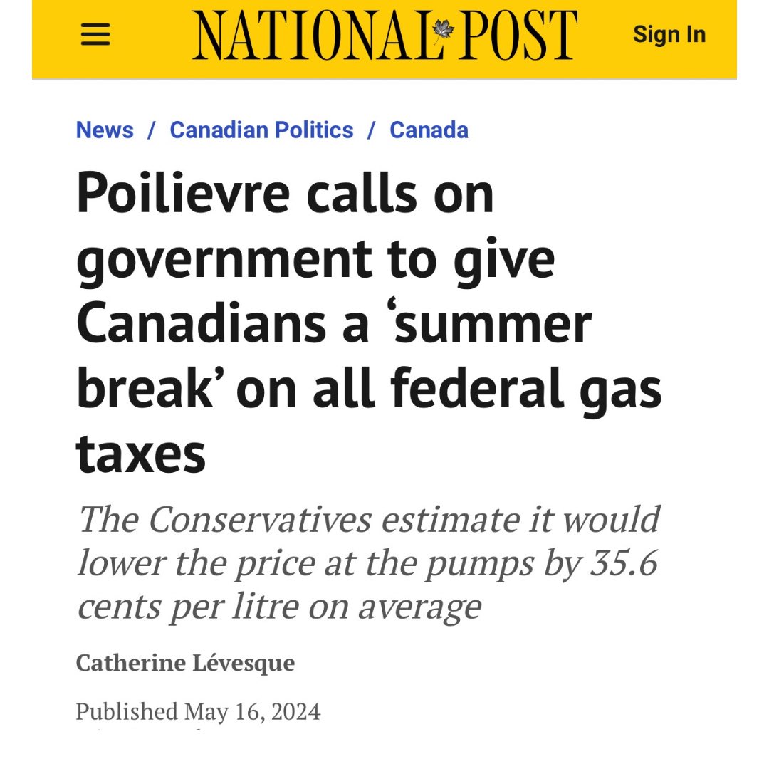 “Poilievre calls on government to give Canadians a ‘summer break’ on all federal gas taxes.” nationalpost.com/news/canada/po…