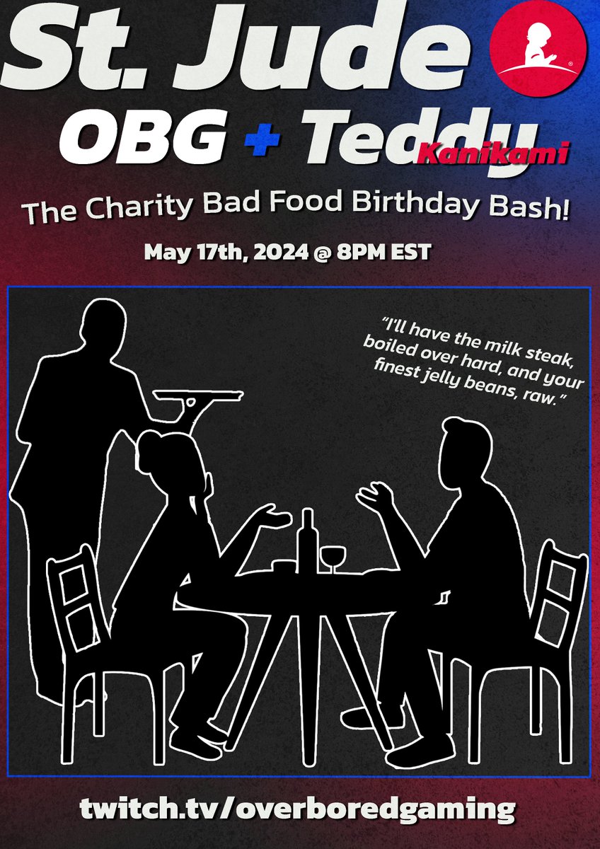 No stream tonight; we're currently prepping for our fundraising stream tomorrow: The <a href="/StJudePLAYLIVE/">St. Jude PLAY LIVE</a> Charity Bad Food Birthday Bash!

Join us &amp; @CrabChannel @ 8PM EST for a gauntlet of gourmet oddities; it's all for the fight against childhood cancer!