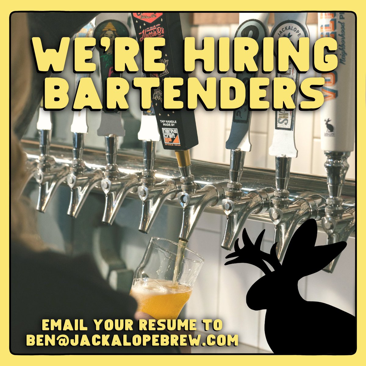 ❗️WE’RE HIRING❗️

Lots of big things happenin’ at the Ranch this summer and we’re lookin’ for some experienced bartenders with weekday and weekend availability, good attitudes and a strong work ethic to join our team.

Interested? Email your resume to ben@jackalopebrew.com