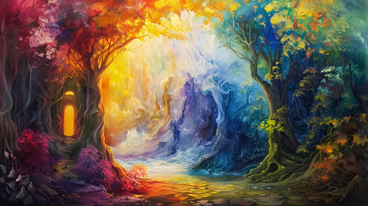 A canvas split by color, yet united in wonder. Dive into this #Dreamscape where #Fantasy meets #Nature in a symphony of hues.  #ArtLovers #Painting #InspirationalArt