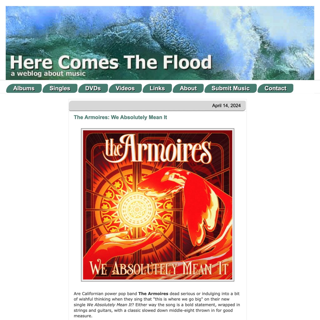 Here Comes The Flood on 'We Absolutely Mean It' from The Armoires (out now: orcd.co/armoires-meanit). 'A bold statement, wrapped in strings and guitars, with a classic slowed down middle-eight.' herecomestheflood.com/2024/04/the-ar… #HereComesTheFlood #HCTF #TheArmoires #IndiePop #JangleRock