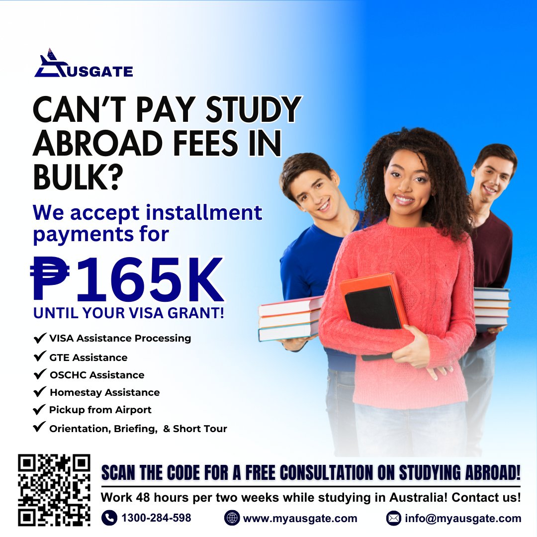 Allow us to trim down your bulk payments into installments! Hit this link to book FREE CONSULTATION on studying abroad: calendly.com/info-ausgate

#StudyInAustralia #AustralianEducation #StudyAbroadExpert #AustralianVisa #StudentVISA #InternationalStudents #StudyAbroadConsultants