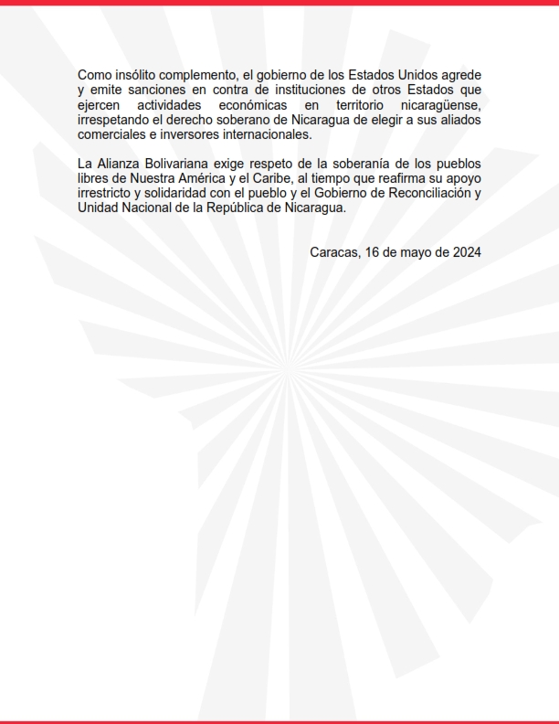 #16May Países Miembros del @ALBATCP rechazan categóricamente el nuevo arsenal de sanciones unilaterales e ilegales que el gobierno de #EEUU ha impuesto a ciudadanos y empresas nicaragüenses. laradiodelsur.com.ve/?p=156789 #EsteEsUnPuebloMaduro