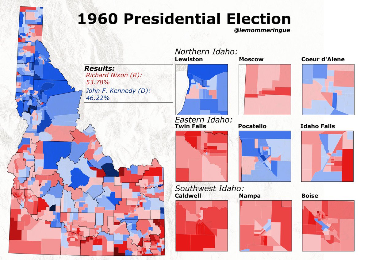 The 1960 Presidential Election in Idaho was a fairly close race after Eisenhower comfortable won the state 4 and 8 years prior. JFK swept all but one Panhandle county, Latah County, home to Moscow. Nixon carried the state by dominating the urban areas of the Snake River Valley.