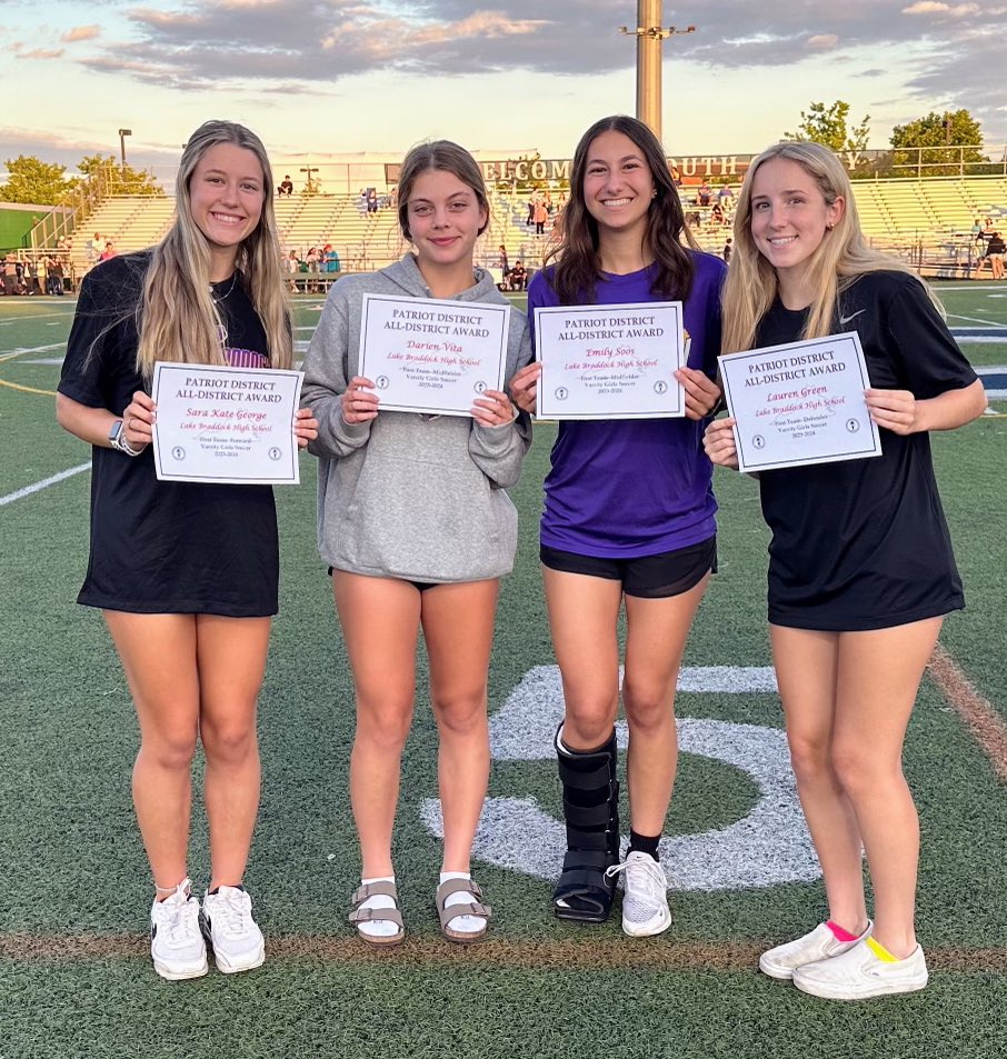 First Team All-District!! Congrats SK, Darien, Emily and LG!! 💜💛🐻⚽️ #ofvtt