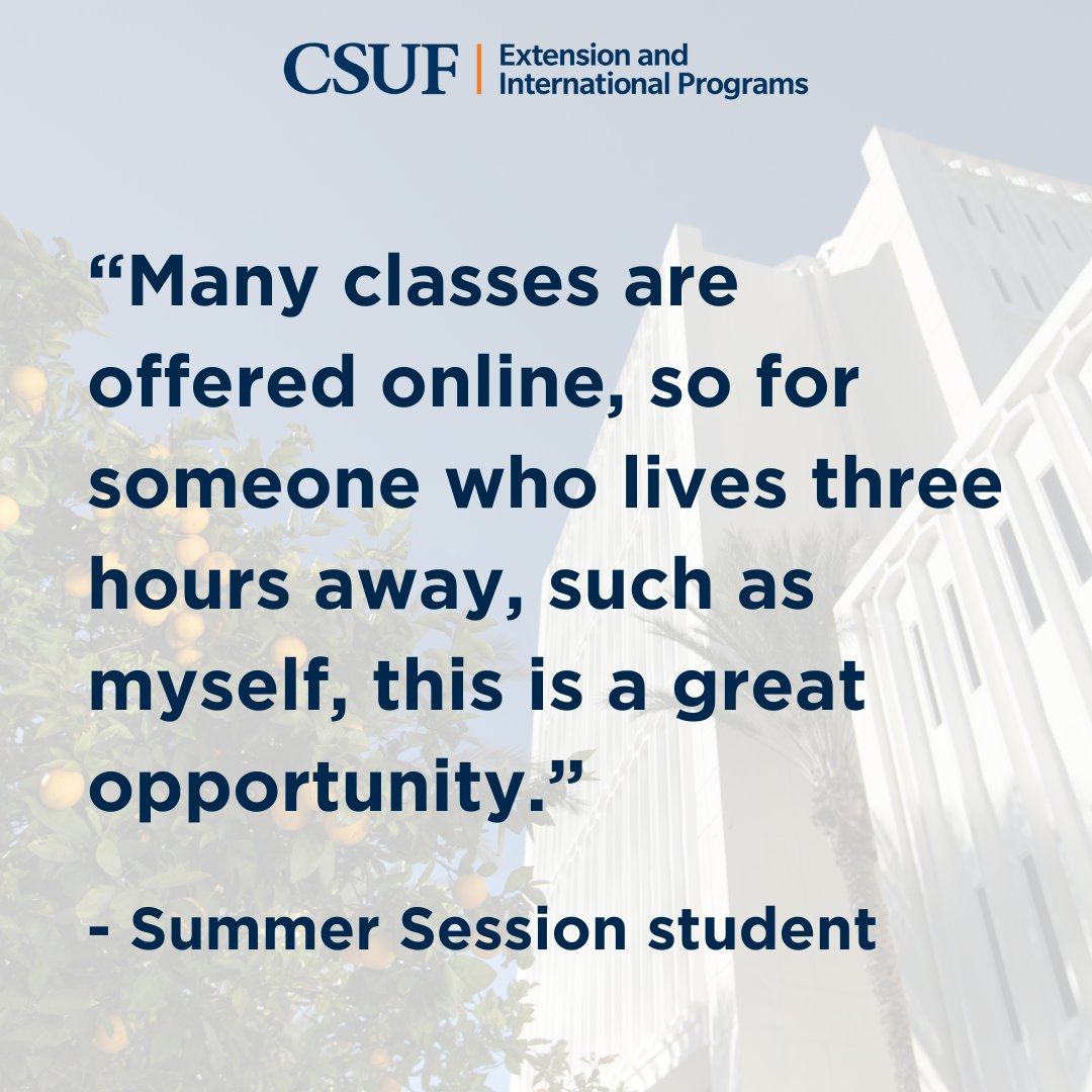 ☀️What benefits does Summer Session at CSUF offer? The majority of classes are online, making it a convenient way to knock out courses! Learn more at summer.fullerton.edu

#csuf #csufeip @csuf @csufstudents @csufacadaffairs @calstate @CSUFCOTA @csufbusiness @csufcoe @commCSUF