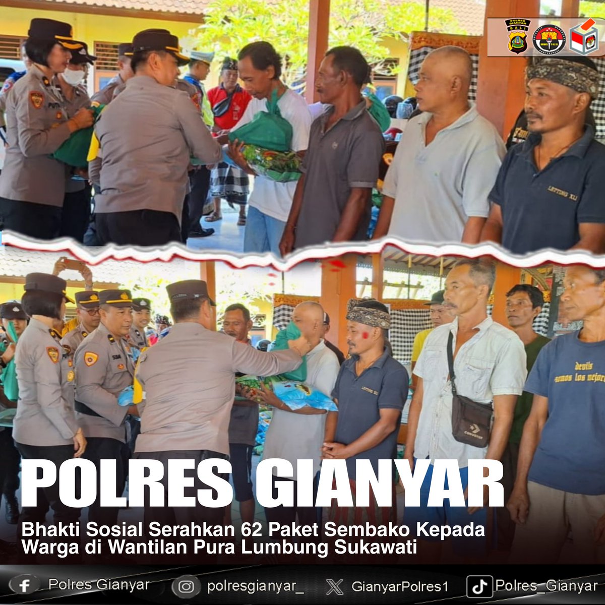 Kapolres Gianyar AKBP Ketut Widiada, S.I.K. bersama pejabat utama Polres Gianyar melaksanakan kegiatan bakti sosial di Wantilan Pura Lumbung, Desa Sukawati, Kecamatan Sukawati. Jumat (17/5/24)

#jumatberkah
#polresgianyar