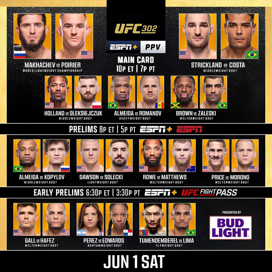 Tix1904's tweet image. UFC 302 
Card completo.

#ufc #ufcppv #espn #UFC李景亮 #fight #combate #sporttv #UFCnaSporttv