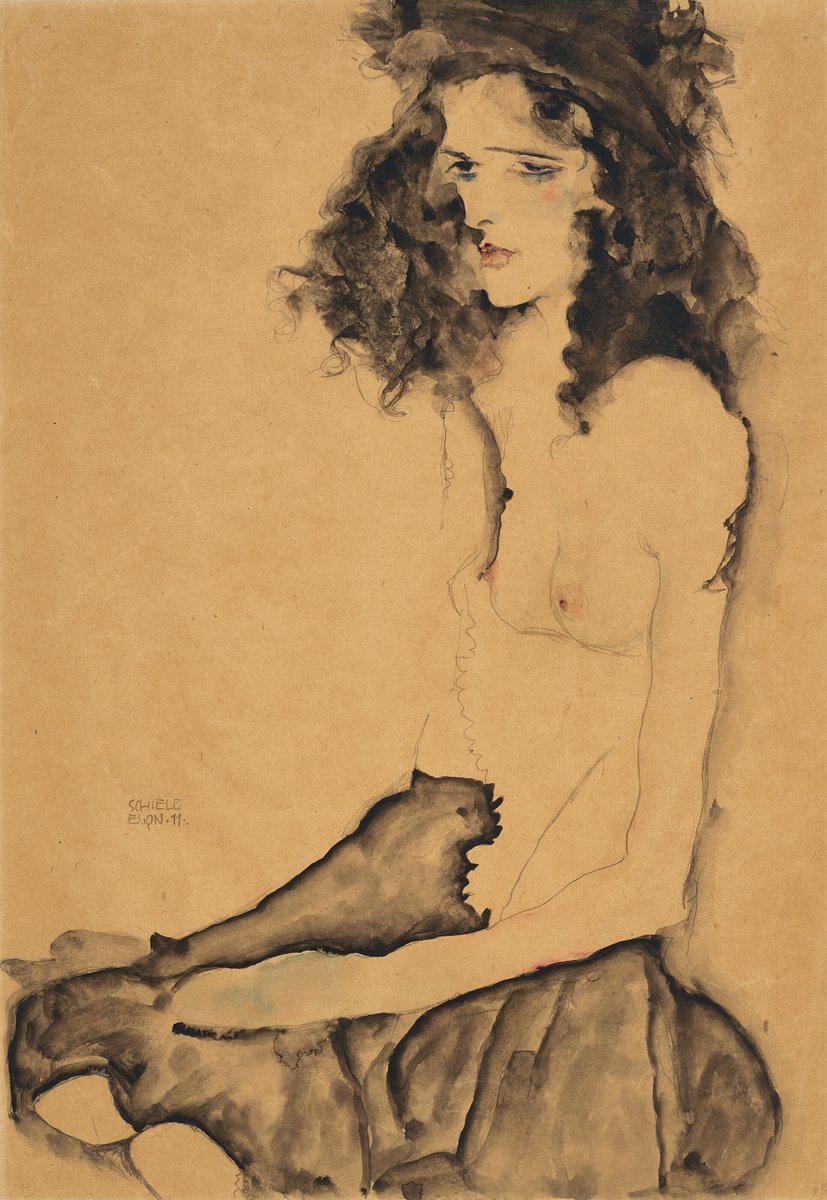 'Schwarzes Mädchen,' a quintessential work on paper by Egon Schiele, from the collection of Viennese Cabaret star Fritz Grünbaum, has sold for $1,197,000 during the #20thCenturyEveningSale