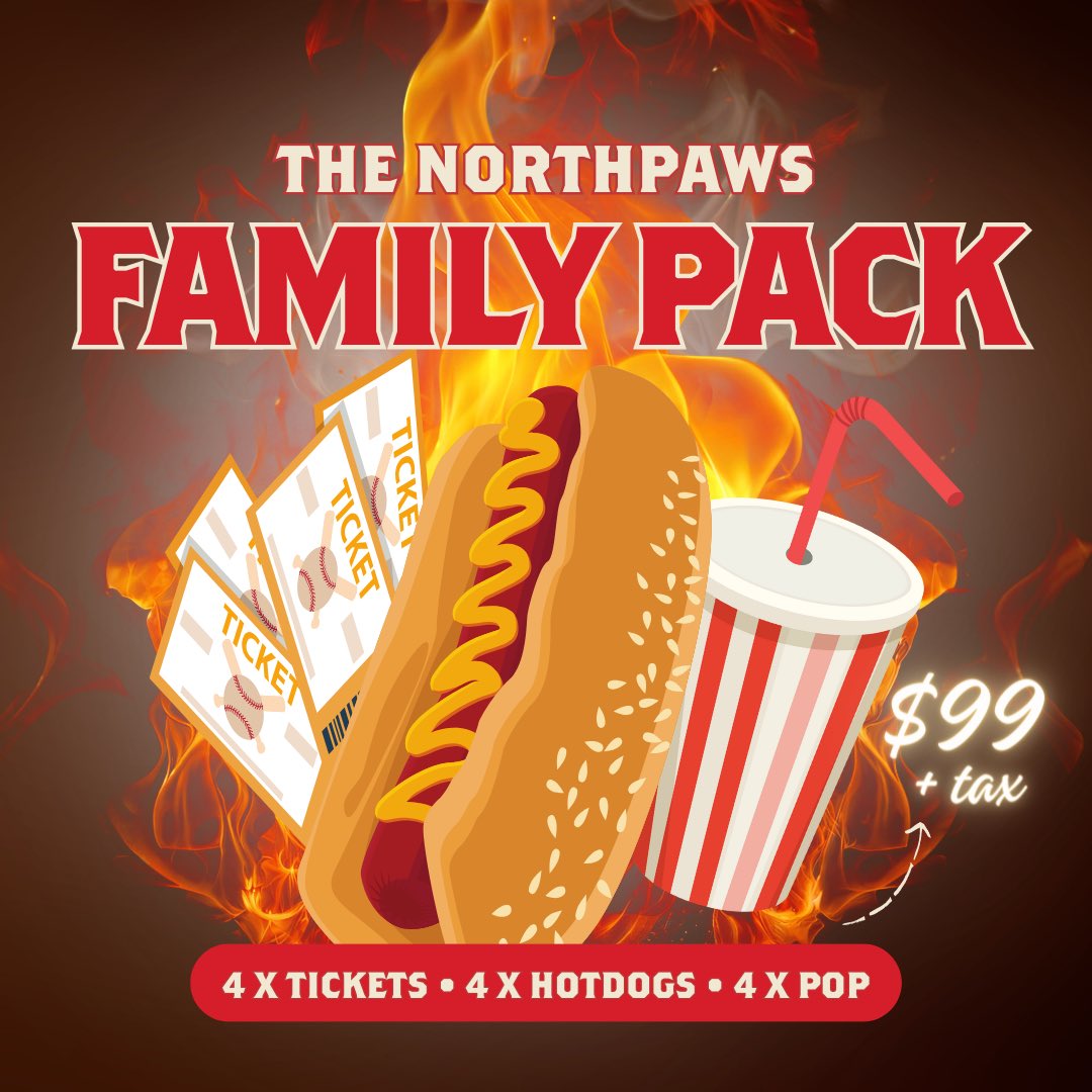 Take your family out to the ballgame with The NorthPaws Family Fan Pack! ⚾️✨ For just $99 + tax, enjoy 4 tickets, 4 hotdogs, and 4 pops. Perfect for a grand slam day at the park! Season starts May 31st – secure your pack now and let's play ball! 🧢🌭🥤 #NorthPawsFamilyPack