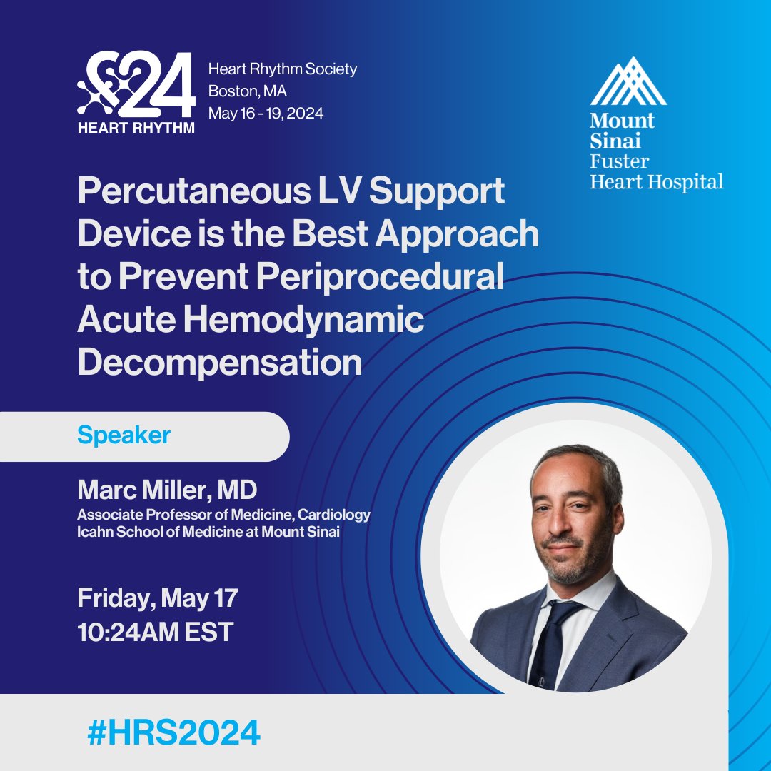 Dr. Marc Miller will be participating in a speaker session at Heart Rhythm Society 2024 tomorrow, May 17 at 10:24am EST. Learn more by visiting: heartrhythm.com #HRS2024 #CardioX #CardioTwitter @IcahnMountSinai @HRSonline