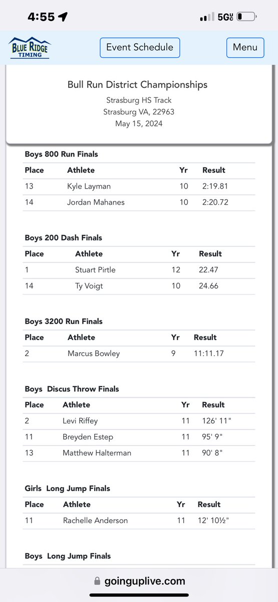 The boys and girls track and field teams competed in the Bull Run District Championship today. The boys team finished third overall. Stuart Pirtle was the top individual point scorer. Posting results in the pictures below.