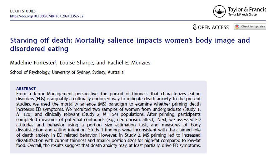 More big achievements from Honours students: @M_Forrester1 has now published her Honours thesis!

In women with #bodyimage concerns & disordered eating, reminders of death led them to choose smaller food portions & increased their dissatisfaction with their weight... (1/3)