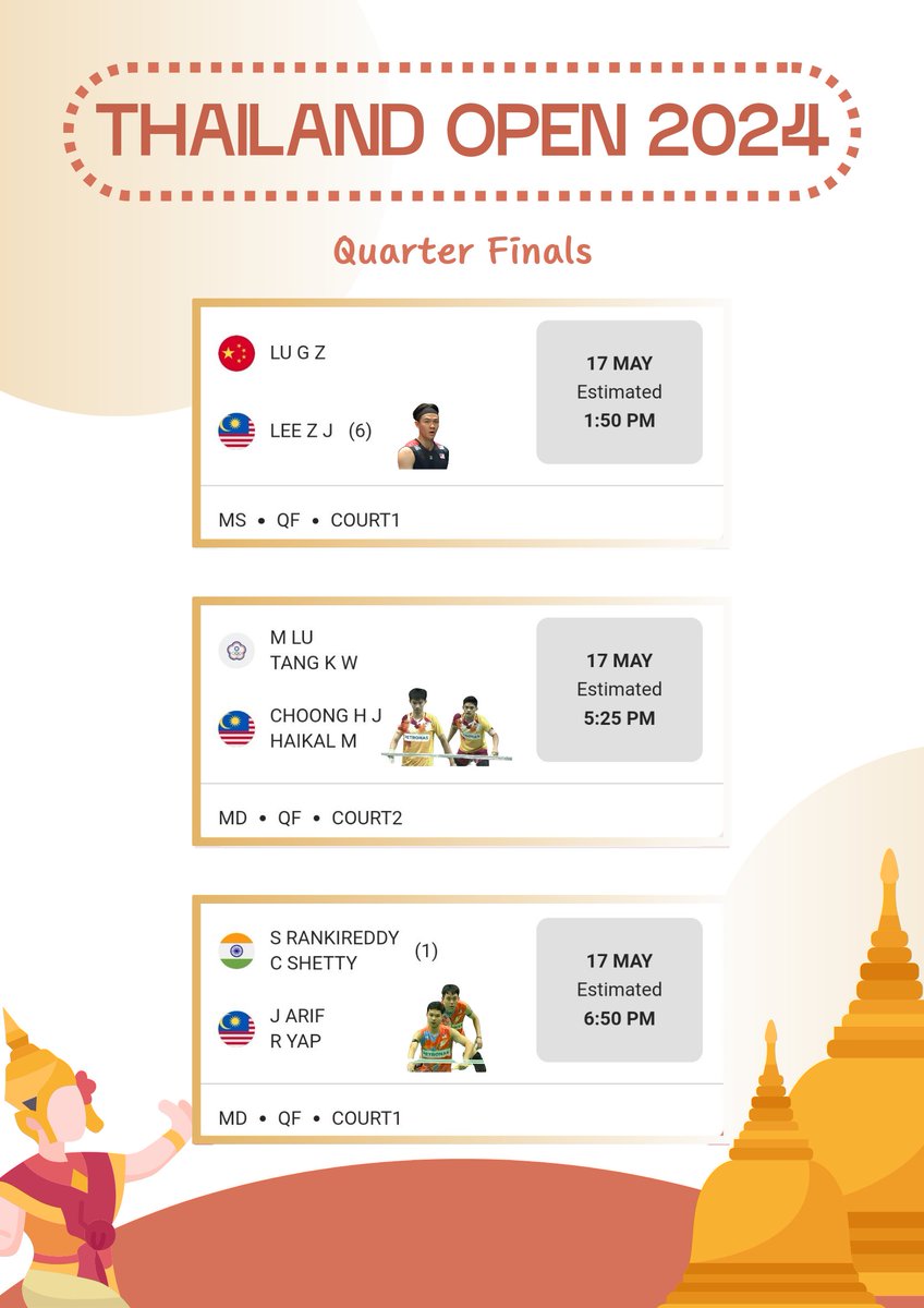 ✨ Thailand Open 🏸 - Day 4 ✨

17 May 2024 | Fri

• Quarter Finals •
👉🏻 Start 1:00 pm (🇲🇾 time)
👉🏻 🇲🇾 est. at 1:50 pm

👀: BWF TV / Astro 814

All the very best, guys! Focus & don't rush. Fight all the way 💨

#ThailandOpen2024