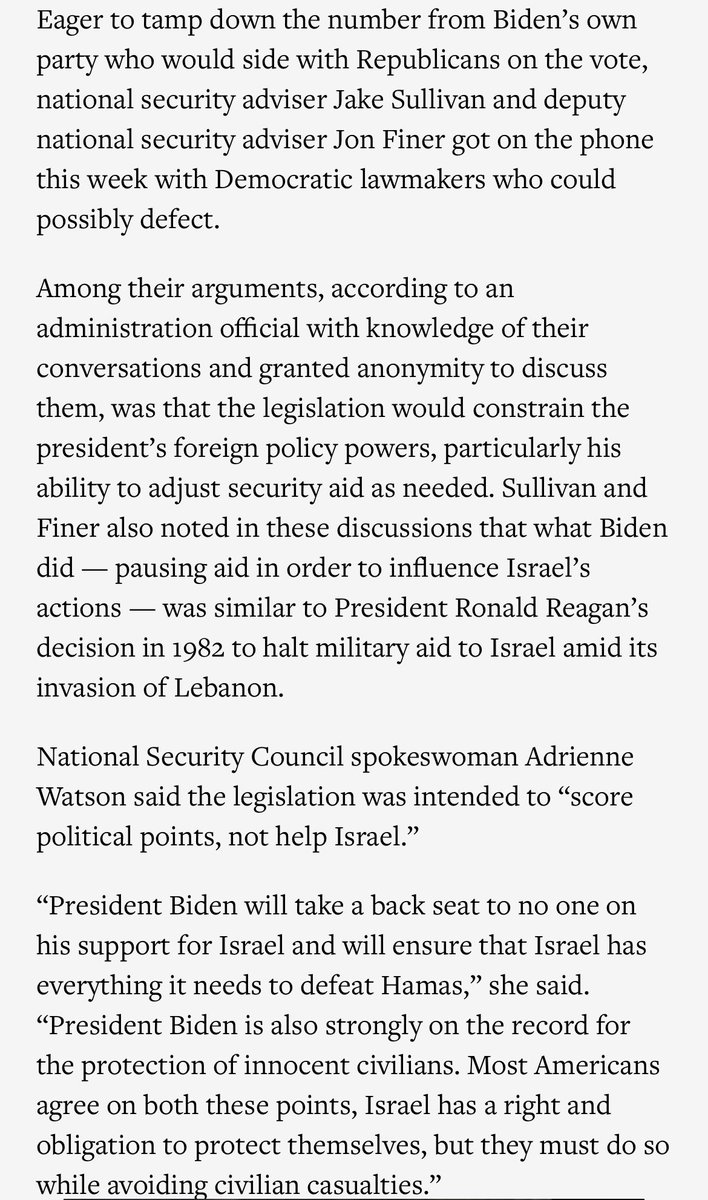 Senior White House officials + House Democratic leadership were able to limit Dem defections on today’s Israel vote to 16. The message from Jake Sullivan + Jon Finer, who worked the phones to persuade House Democrats: apnews.com/article/israel…