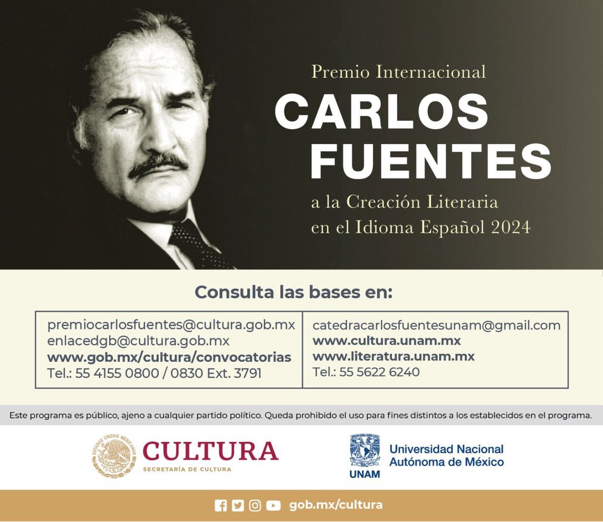 La Secretaría de Cultura y la @UNAM_MX informan que se extiende la recepción de candidaturas de la convocatoria al Premio Internacional Carlos Fuentes 2024 hasta el jueves 23 de mayo. 🔗 acortar.link/R5V0zk