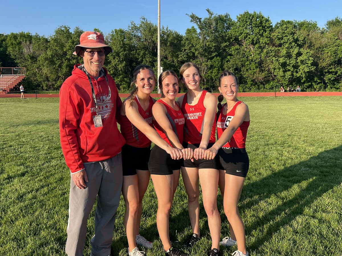 Congratulations to Breleigh Ebert, Emma Hardwick, Hattie Gros, and Ellie Studer for setting the school record in the 4x400 in 4:10.18. The previous record was set in 1979 by Karla Backman, Susan Swanson, Joyce Suther, and Sherri Johnson. 4:11.3. @TVLSpotlight @sportsinkansas