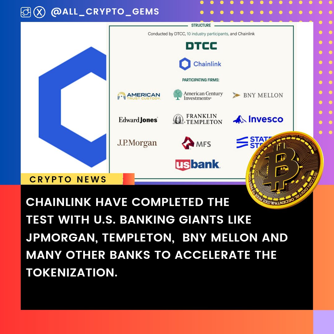 🚨#BREAKING🚨

CHAINLINK HAVE COMPLETED THE 
TEST WITH U.S. BANKING GIANTS 
LIKE JPMORGAN, TEMPLETON,  BNY 
MELLON AND MANY OTHER BANKS 
TO ACCELERATE THE TOKENIZATION

GIGA BULLISH FOR $LINK 🔥

#BitcoinHalving #Bitcoin #BTC #BitcoinNews #FOMO #crypto #cryptocurrency #GOLD