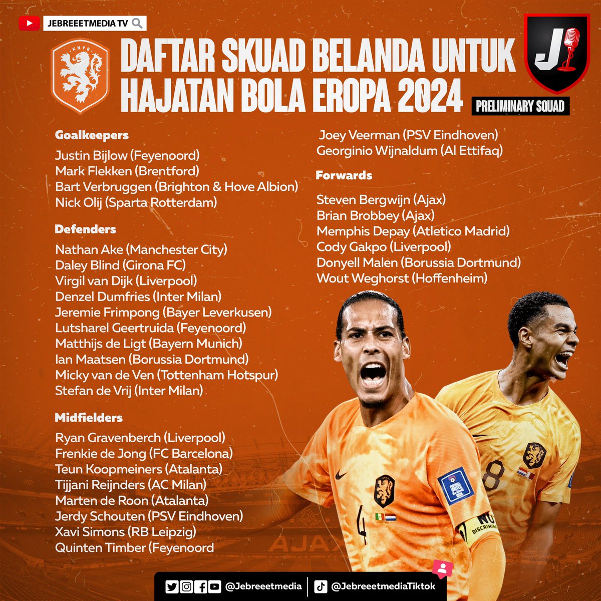 Inilah daftar pemain Belanda yang akan ikut Hajatan Bola Eropa 2024. Masih ada beberapa nama yang akan dicoret pada ajang ini. Siapa saja ya?🤔
