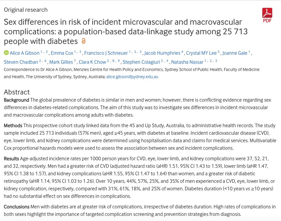 🔥New study  - Sex diff in diabetes complications.
T/A msg - complication rates v. high in both men & women, but men /w diabetes had 47-51% ⬆️risk of CVD, lower-limb and kidney complications and 14%⬆️ risk of diabetic retinopathy vs. women /w diabetes. jech.bmj.com/content/early/…