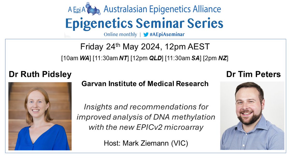 Australasian Epigenetics Alliance (@aepia) on Twitter photo The AEpiA May webinar is coming up next Friday! We are excited to have Dr Ruth Pidsley <a href="/ruthpidsley/">Ruth Pidsley</a> and Dr Tim Peters from <a href="/GarvanInstitute/">Garvan Institute of Medical Research</a> who will be speaking about their work on using the EPICv2.0 Methylation profiling array
#Epigenetics #Genomics The AEpiA May webinar is coming up next Friday! We are excited to have Dr Ruth Pidsley <a href="/ruthpidsley/">Ruth Pidsley</a> and Dr Tim Peters from <a href="/GarvanInstitute/">Garvan Institute of Medical Research</a> who will be speaking about their work on using the EPICv2.0 Methylation profiling array
#Epigenetics #Genomics