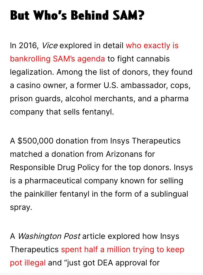 @PeteSessions @PeteSessions is quoting talking points from @learnaboutsam 

SAM is a lobbyist group run by a grifter.

SAM takes money from fentanyl manufacturers and alcohol companies.

SAM exists to enrich @KevinSabet and protect the profits of fentanyl/opiate and alcohol companies (along