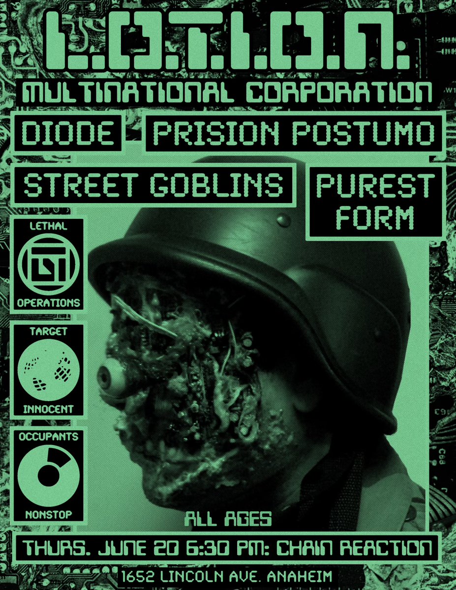 We're excited to announce that L.O.T.I.O.N., Diode, Prison Postumo, Street Goblins, and Purest Form will here at Chain next month on June 20th! Tickets are AVAILABLE NOW—get them while you can!! tix: allages.com