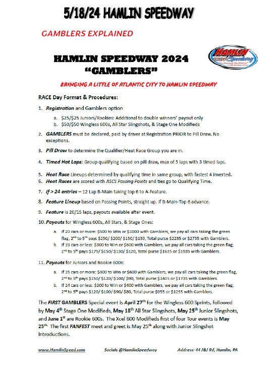 HamlinSpeed's tweet image. 5/18/24 Hamlin Speedway - Schedule of Events  📷
**Hamlin Speedway 5/18/24 Schedule - All Star Slingshots Gamblers Special, Mason Dixon 270 Sprint Racing Series, and Make up 5/4 Stage One Modifieds!**
General Admission Special: Senior Citizens/Veterans $3