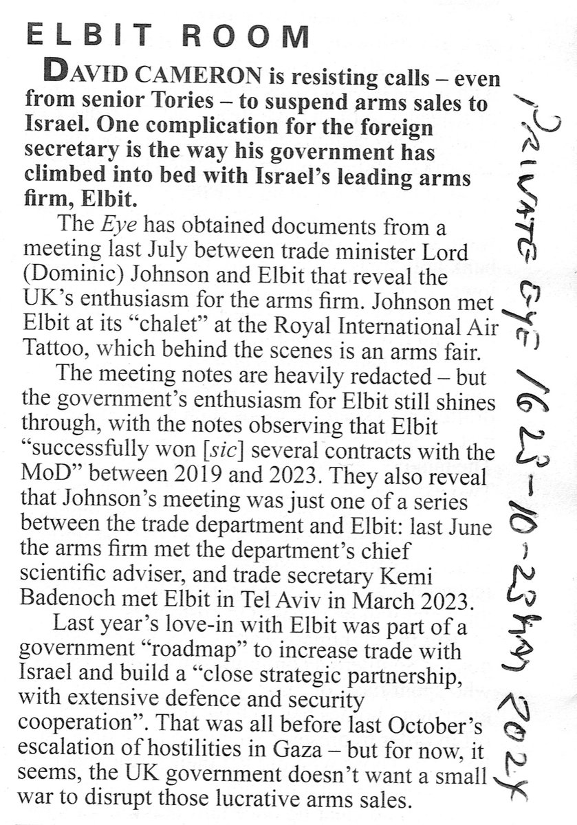 While Australia continues to dance with Israel's biggest defence company, Elbit (abc.net.au/news/2024-02-2…), the UK government's love affair shows no sign of abating (via @PrivateEyeNews):