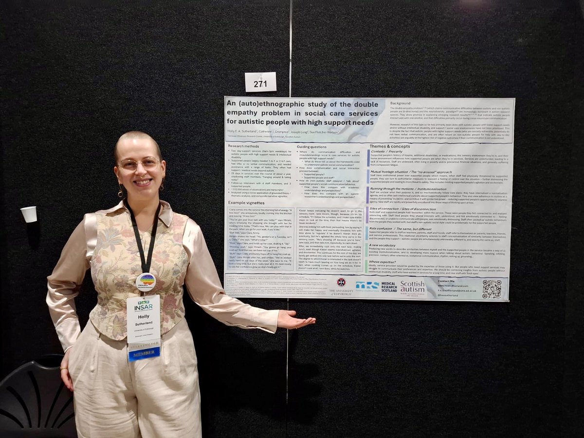 My poster is up at #INSAR2024 ! Drop by if you’re interested in double empathy, ethnography, social care, or high support needs / intellectual disability and autism.

I’ll be there between 11.30-1.30pm today to chat.