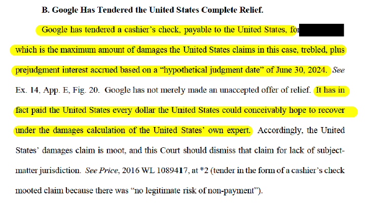 Woah. Google is effectively trying to buy out the United States by tendering a cashier's check for the claimed max damages from screwing industry with adtech market power abuses. US DOJ's adtech antitrust trial seeking to break them up is months away. 1/4