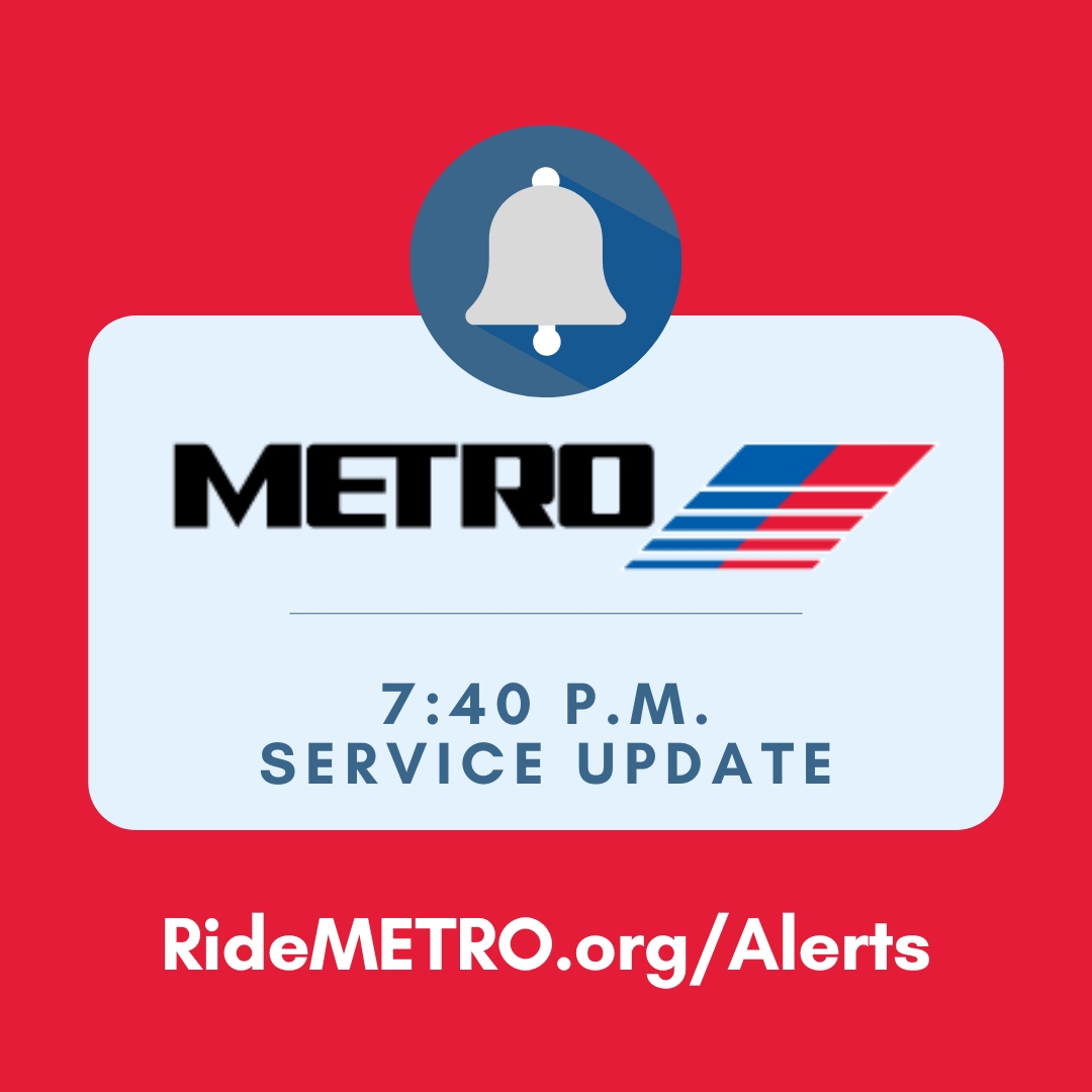 METRORail Red Line service has resumed; Purple and Green Lines remain suspended due to severe weather/power outages. METRO bus operators are resuming service as it becomes safe to do so - please allow for extra time. Travel safely. Visit ridemetro.org/alerts for updates. ^D