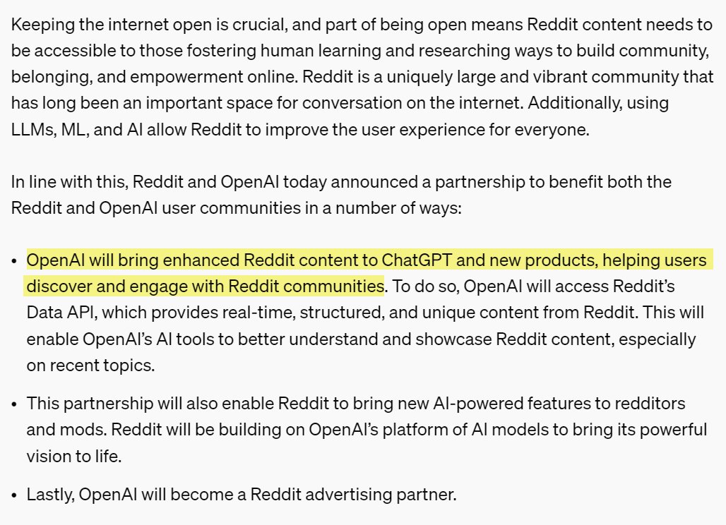 Reddit now partners with Google AND OpenAI. Win-win.