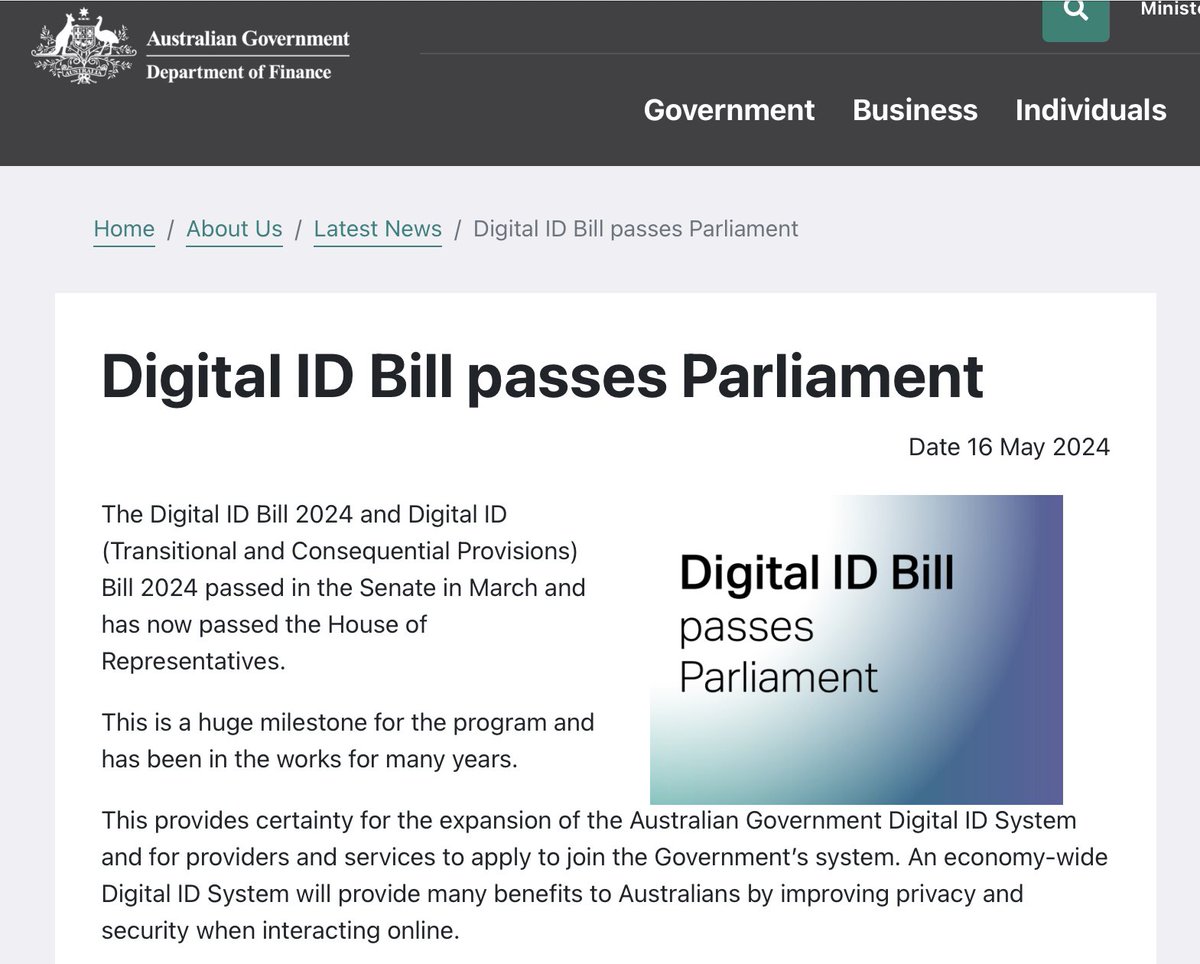 Australia - Digital ID Bill passes Parliament finance.gov.au/about-us/news/…