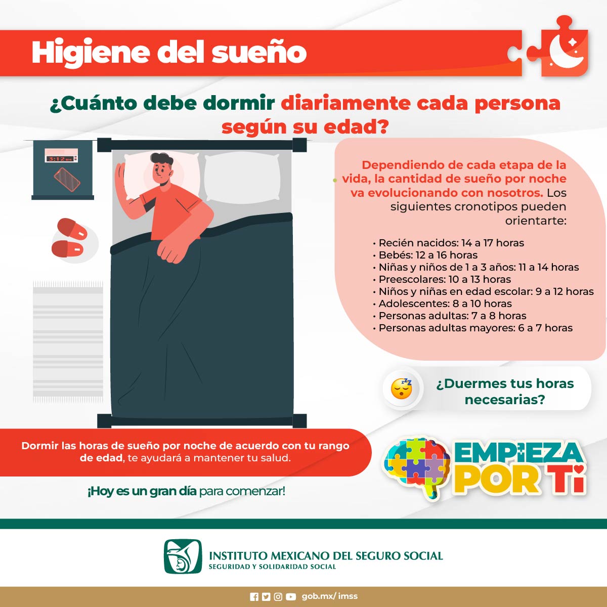 ¿Cuanto debe dormir diariamente cada persona según su edad? 😴 Los siguientes cronotipos pueden orientarte ⬇️: En salud mental... #EmpiezaPorTi 🧠