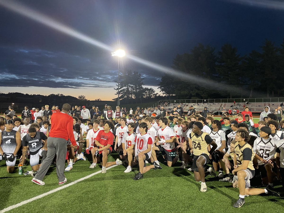 Susquehanna Twp. Coach Joe Headen gathers the entire crew to end the Spring Fling at Roscoe Warner. Good show, lots of good work, lots of eyes on players. ⁦⁦@Pa_Preps⁩