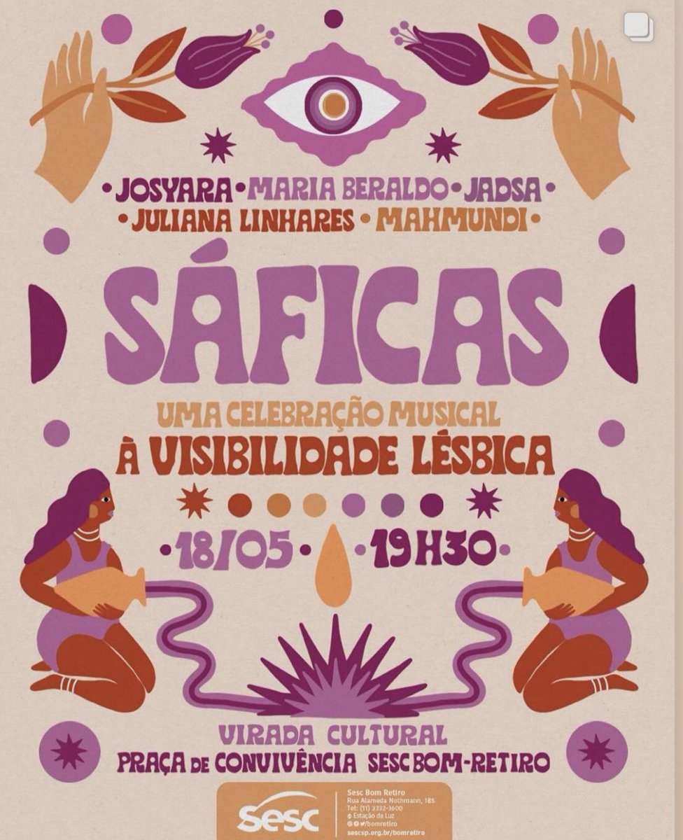 Código de acesso (@acessocodigo) on Twitter photo Agenda
Sábado as 19h30 na <a href="/viradacultural/">viradacultural</a> tem essa celebração a visibilidade lésbica que já vi duas vezes com <a href="/_josyara/">J0ϟYARA</a>, @mahmundi, @jadsaaa , <a href="/xulianalinhares/">juliana linhares</a> e @mariaberaldo_ no @sescbomretiro imperdível #agenda #viradacultural #josyara #mahmundi #jadsa #julianalinhares Agenda
Sábado as 19h30 na <a href="/viradacultural/">viradacultural</a> tem essa celebração a visibilidade lésbica que já vi duas vezes com <a href="/_josyara/">J0ϟYARA</a>, @mahmundi, @jadsaaa , <a href="/xulianalinhares/">juliana linhares</a> e @mariaberaldo_ no @sescbomretiro imperdível #agenda #viradacultural #josyara #mahmundi #jadsa #julianalinhares