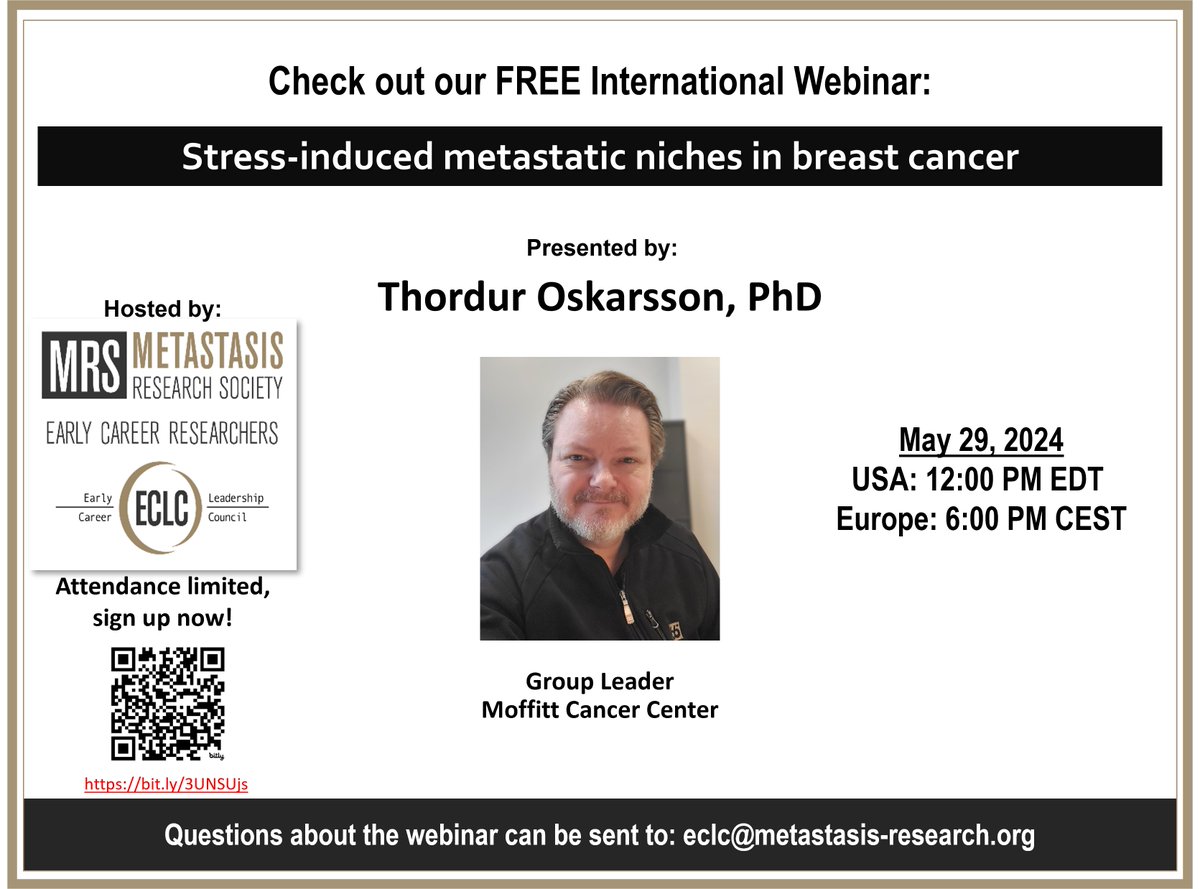 Join us for our next webinar as Dr. Thordur Oskarsson discusses 'Stress-induced metastatic niches in breast cancer'. Sign-up today! bit.ly/3UNSUjs